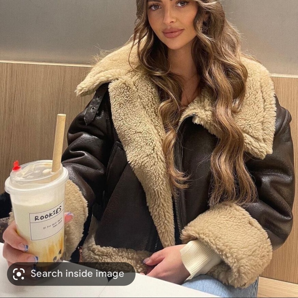 ZARA CROPPED DOUBLE-FACED BROWN CONTRAST LINING FAUX SHEARLING  AVIATOR JACKET M